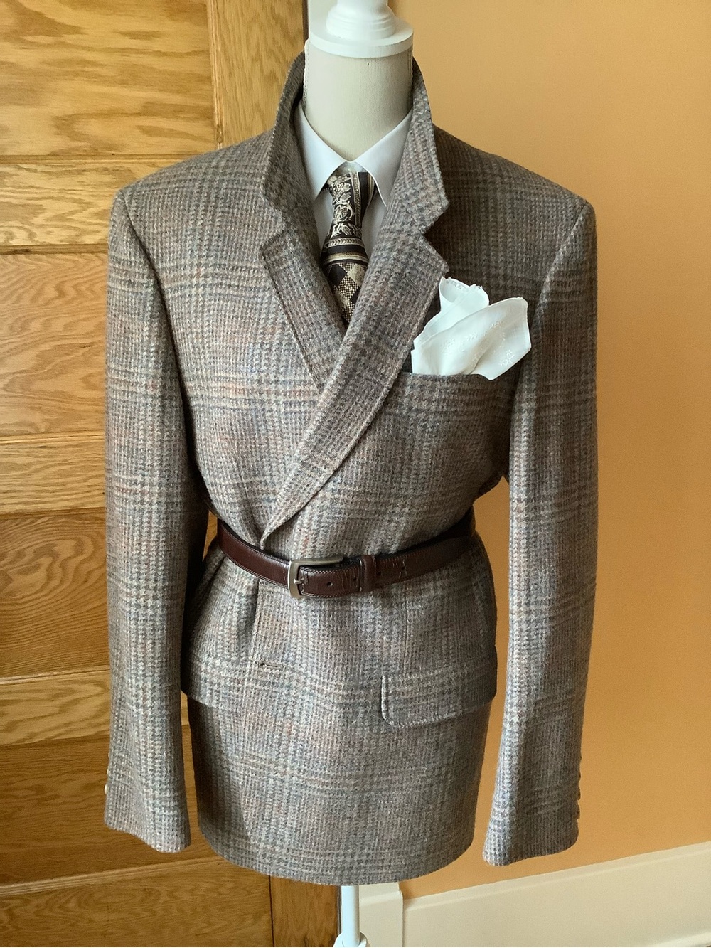 Vintage Men's Tan Glen Plaid Wool Blazer Sport Coat Size 44L 44T Blue Check - Picture 2 of 15
